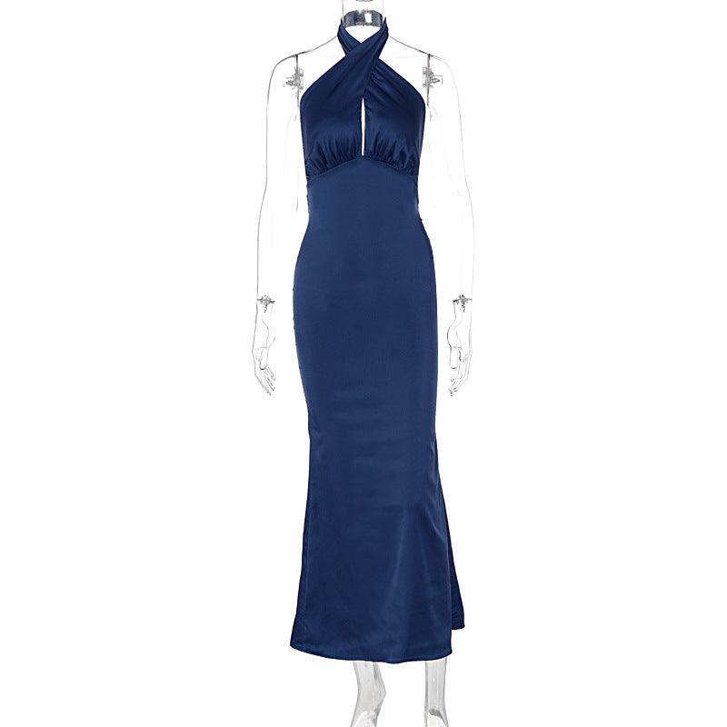 Blue halter maxi dress on hanger, sleeveless fitted silhouette