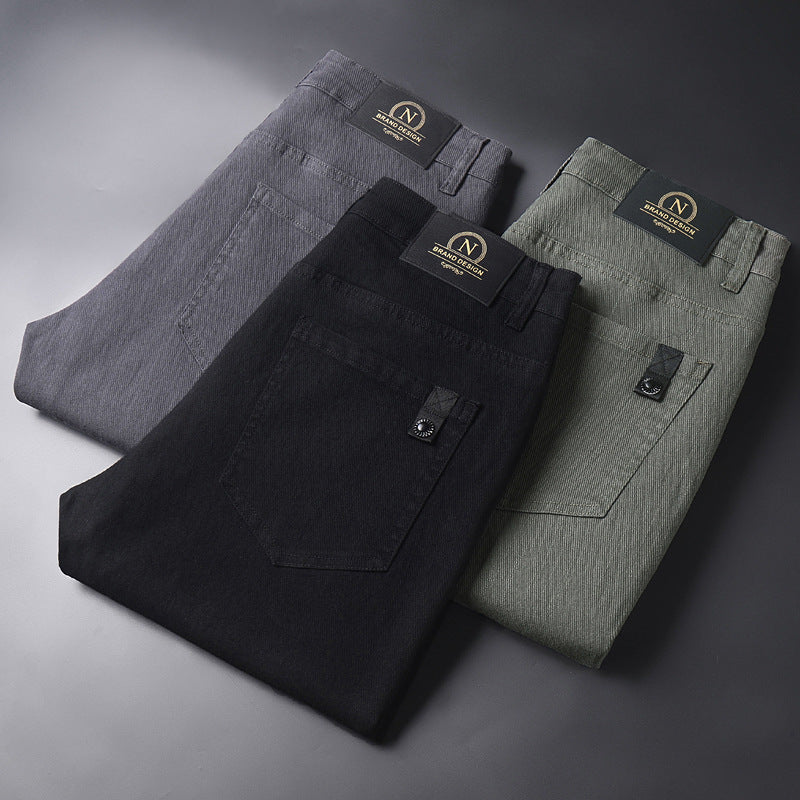 Casual stretch trousers set, featuring light gray, black, and army green pairs
