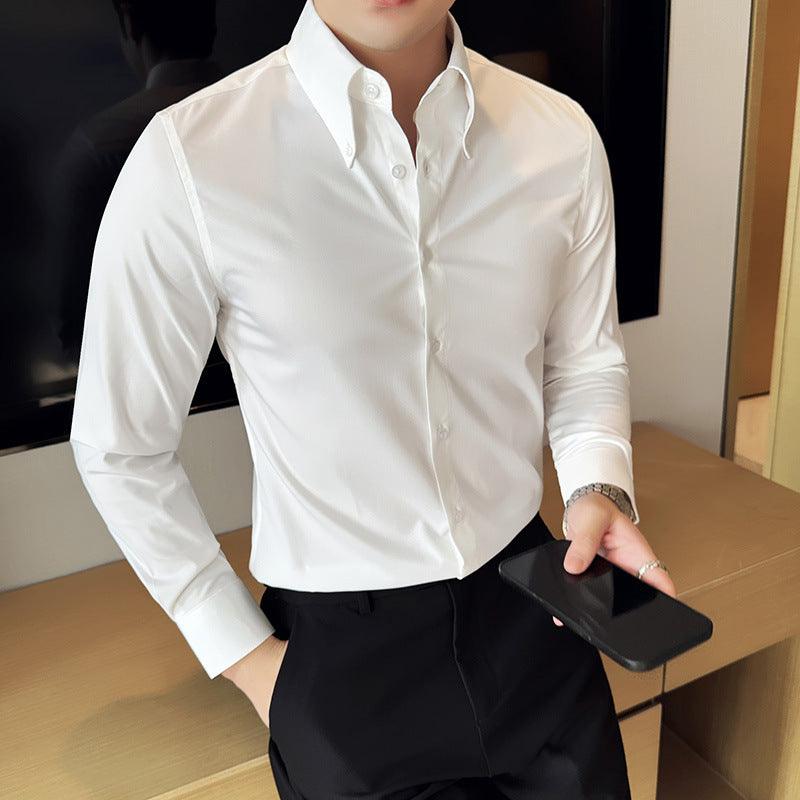 Men's white long-sleeve button-up shirt, pointed collar, front button placket