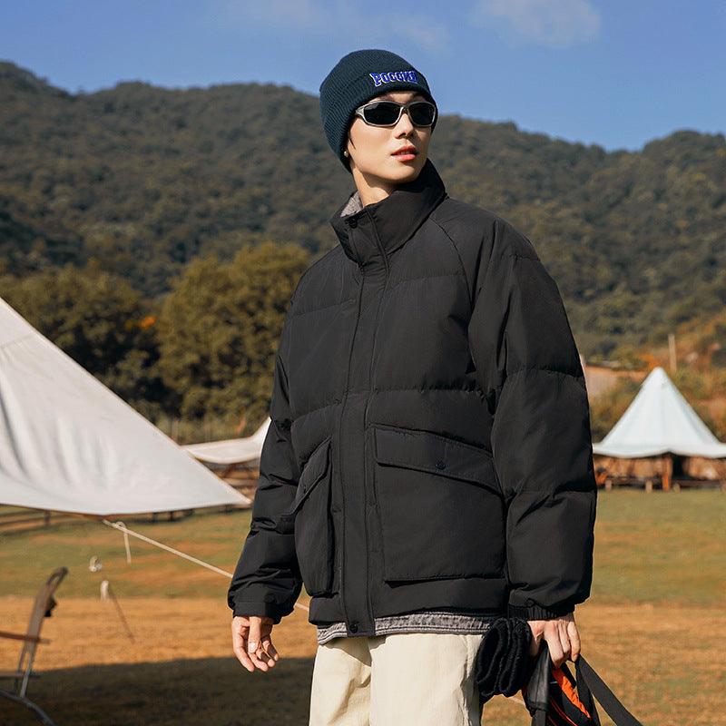 Matte black down jacket with stand-up collar, zip front, denim-style trim