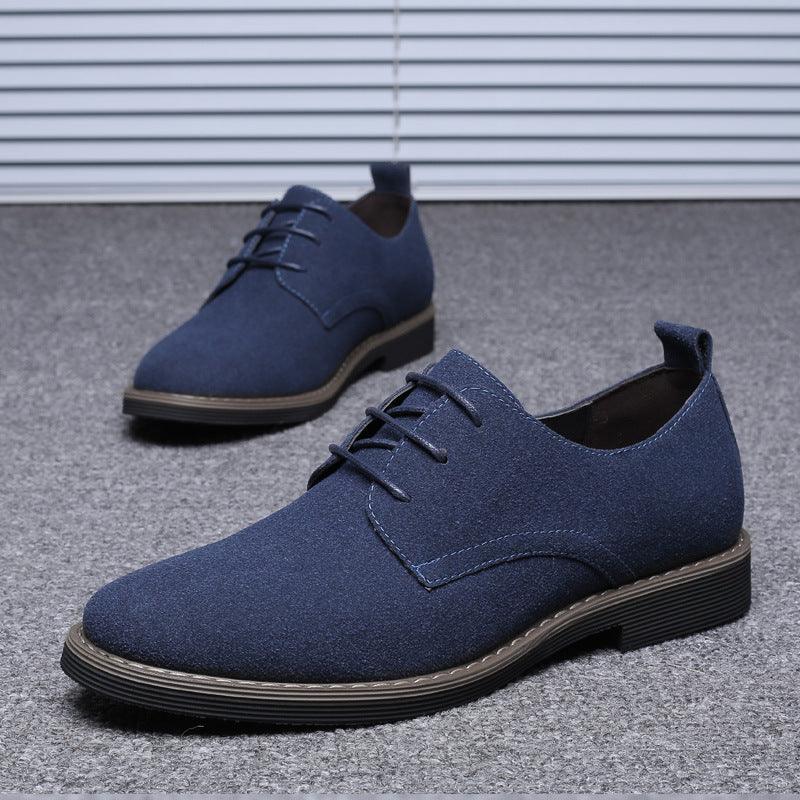 Blue suede casual lace-up shoes with black sole and stitched toe cap