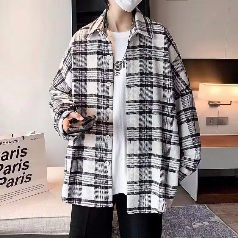 Men's black-and-white plaid long-sleeve button-up shirt with large check pattern