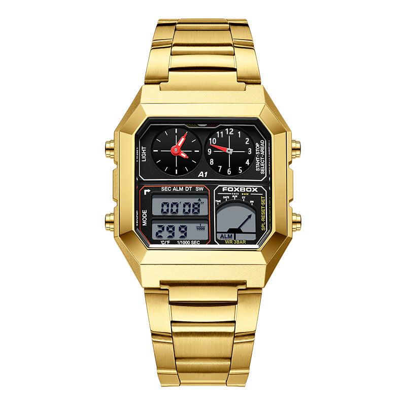 Gold sports chronograph watch with red seconds hand, dual LCD displays, metal bracelet