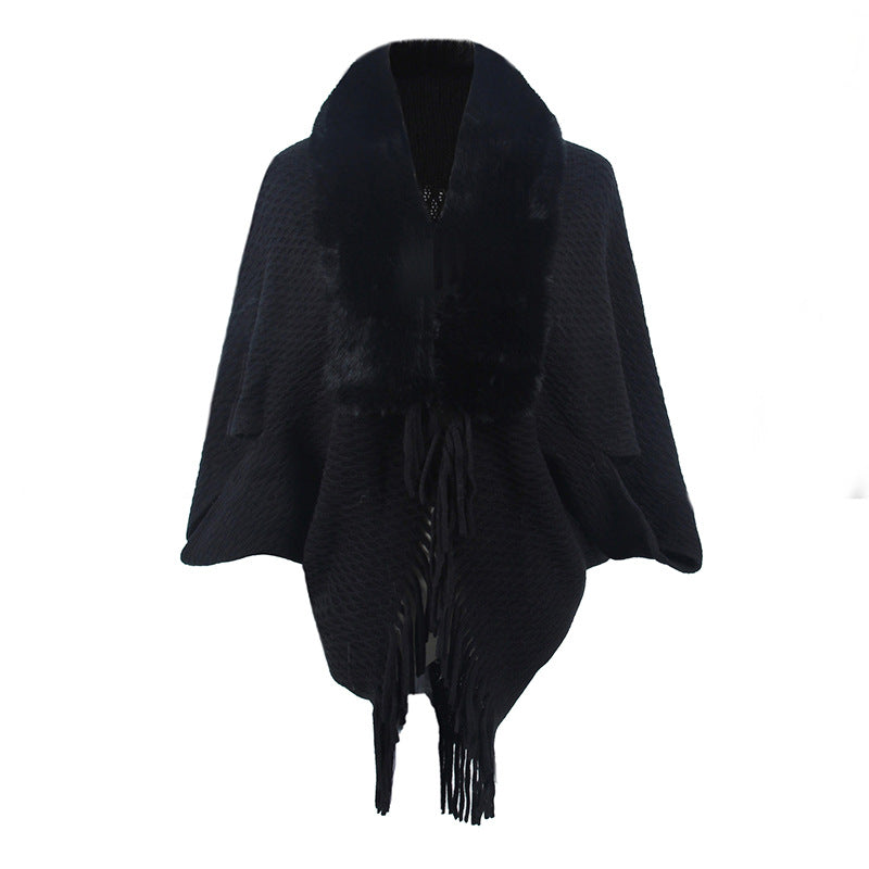 Drizzling Fur Collar Knitted Tassel Cape Coat Women - WOMONA.COM