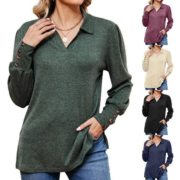 Button Loose-fitting Sanding T-shirt Top For Women - WOMONA.COM