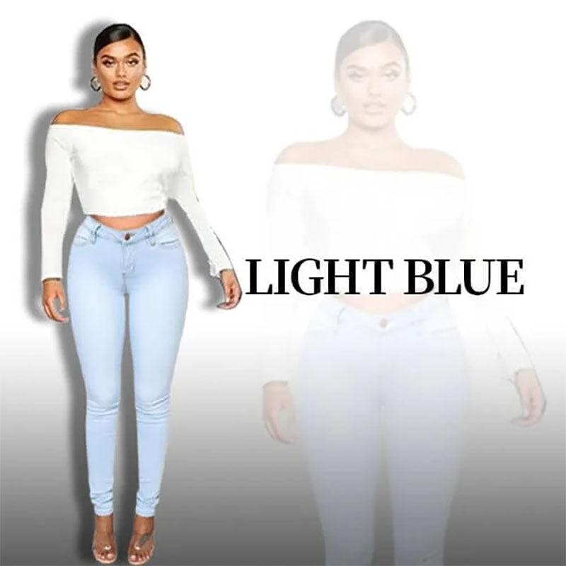 Women's light blue ankle-length skinny jeans, mid-rise waist
