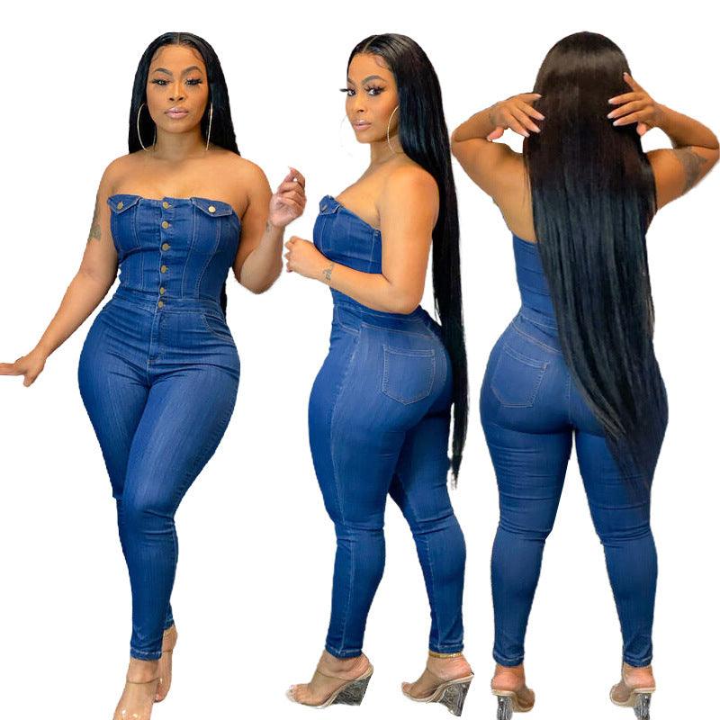 Off-shoulder denim jumpsuit with sleeveless tube top, button front and skinny legs