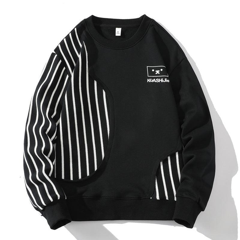 Loose Sports Long-sleeved T-shirt Patchwork Stripes Printed Men's Clothing Round-neck Sweater - WOMONA.COM
