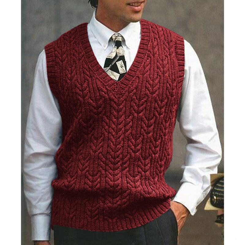 Knitted Vest V-neck Sweater Solid Color Casual - WOMONA.COM