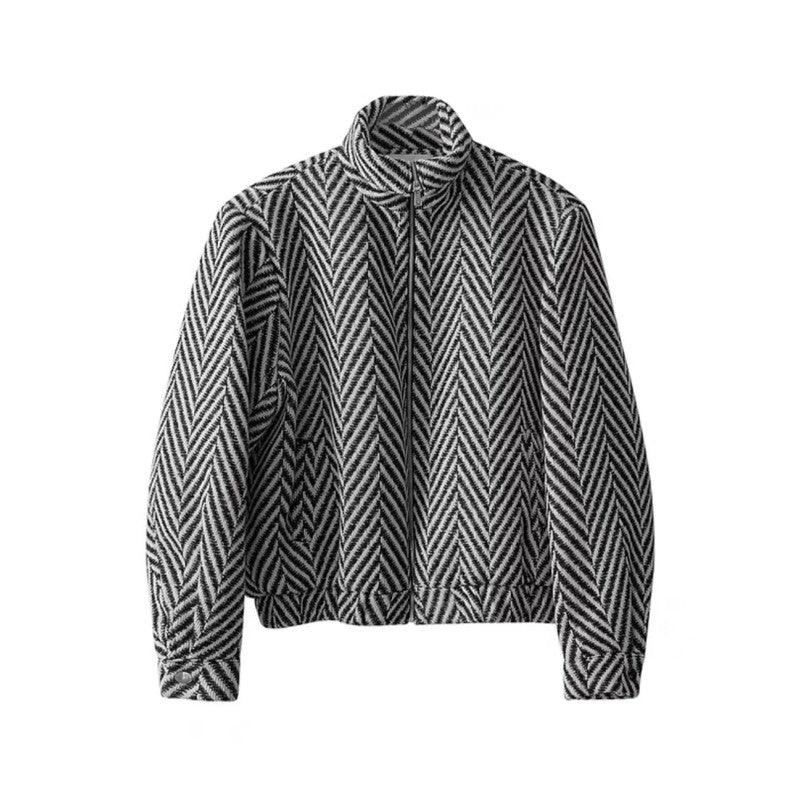 Black-and-white chevron herringbone bomber-style jacket with stand collar