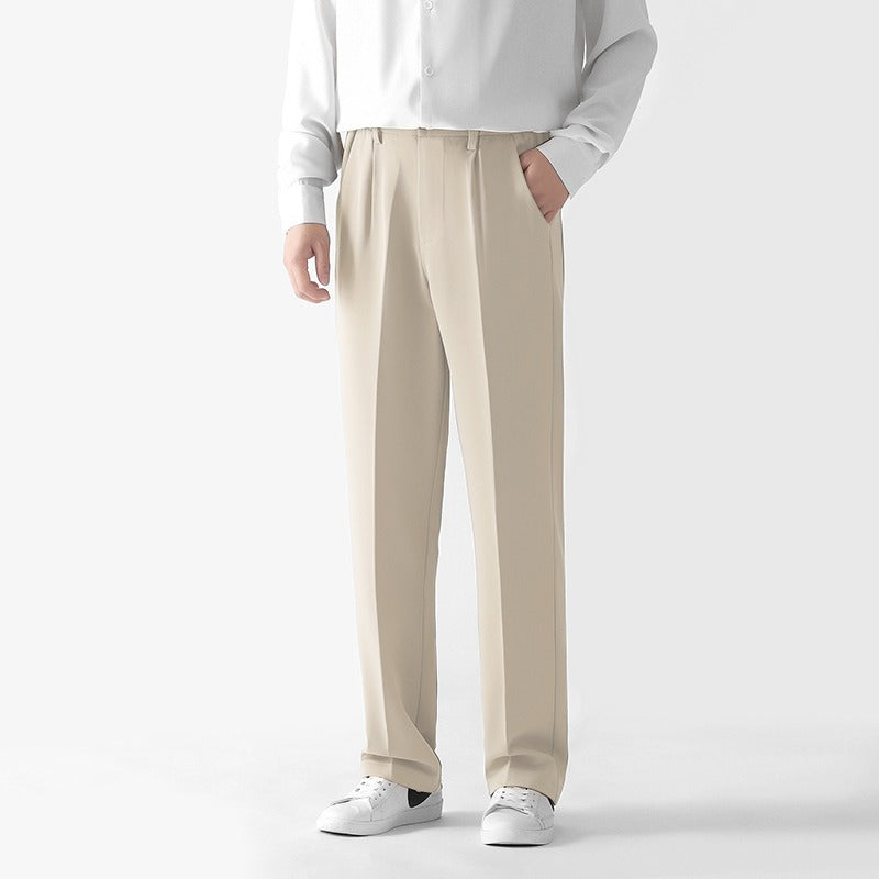Men's straight casual trousers, light khaki, elastic waistband, relaxed straight fit