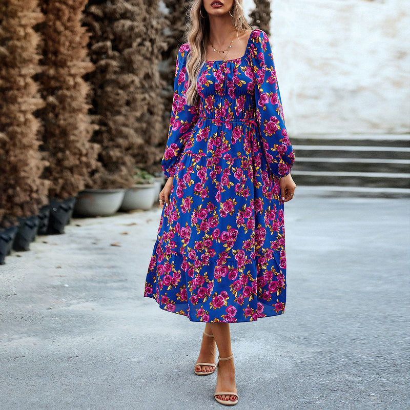 Vestido largo elegante con cuello cuadrado y estampado para mujer