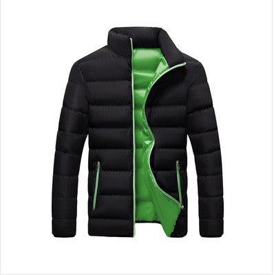 Black padded jacket with bright green inner lining and two side pockets
