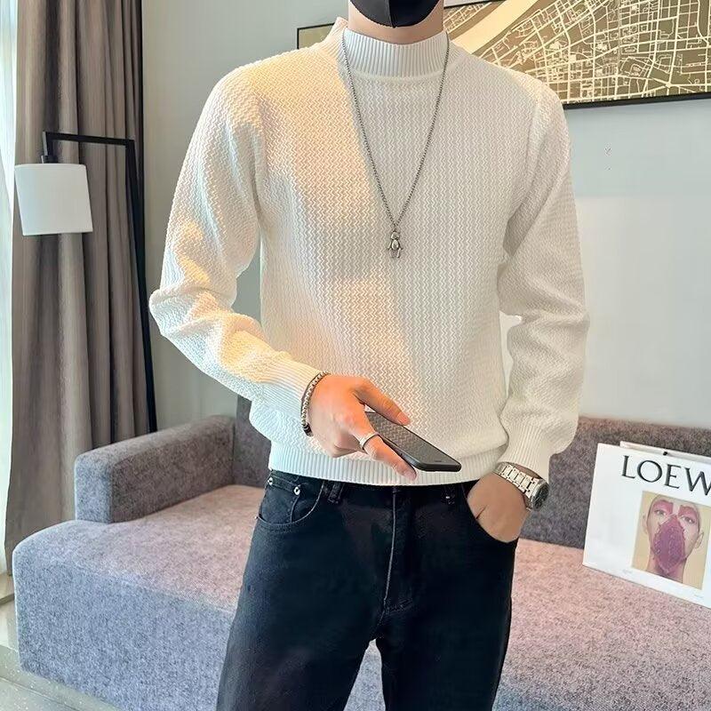 Men's striped textured sweater, light cream crewneck with long sleeves