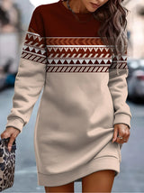 Printed Contrast Color Round Neck Sweater Dress - WOMONA.COM