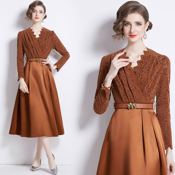 V-neck Waist-controlled Lace-up Large Swing Dress - WOMONA.COM