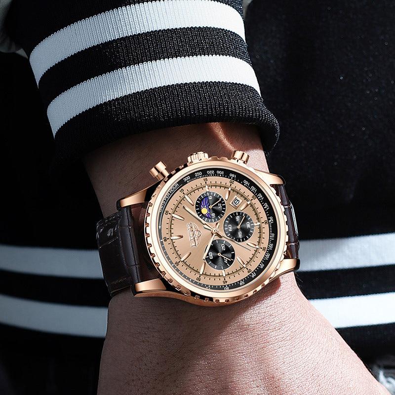 Men's multifunctional waterproof watch with rose-gold case and black leather strap