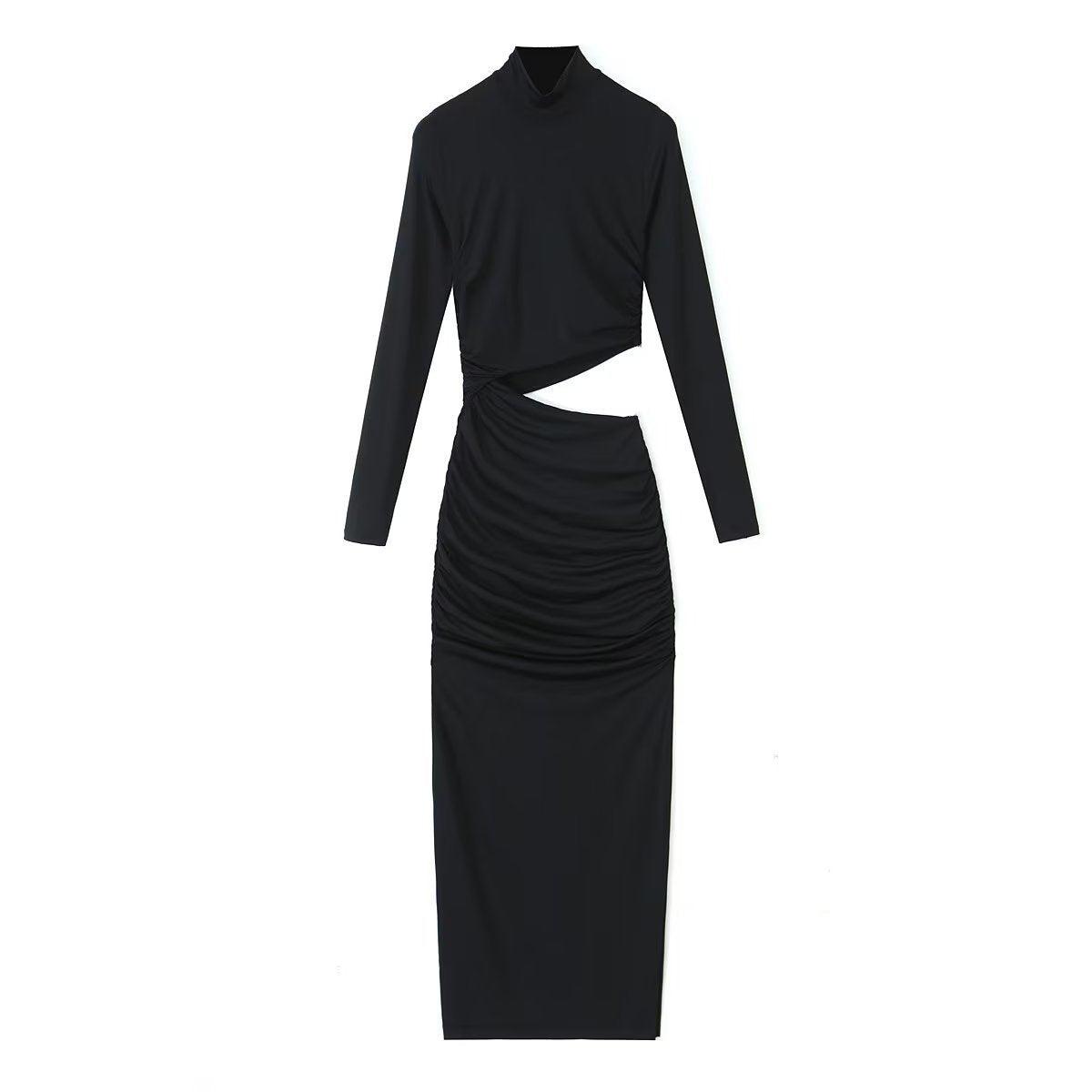 Black long sleeve mid-length dress with twist front and ruched waist
