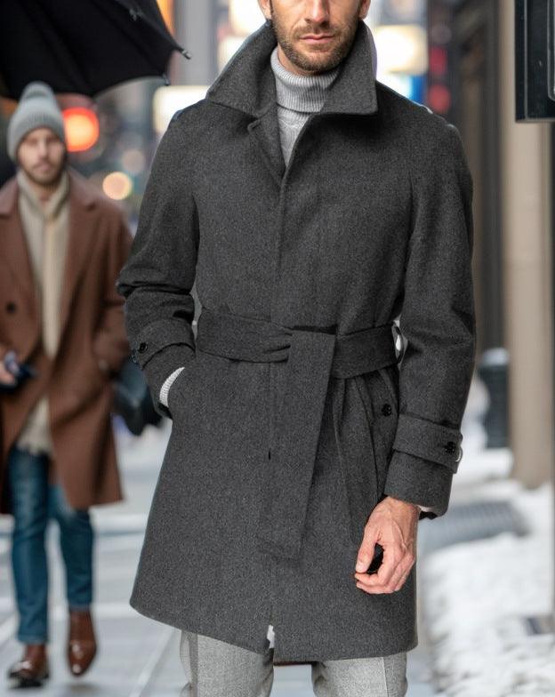 Men's dark gray wool raglan coat with belt tie, button front and stand collar