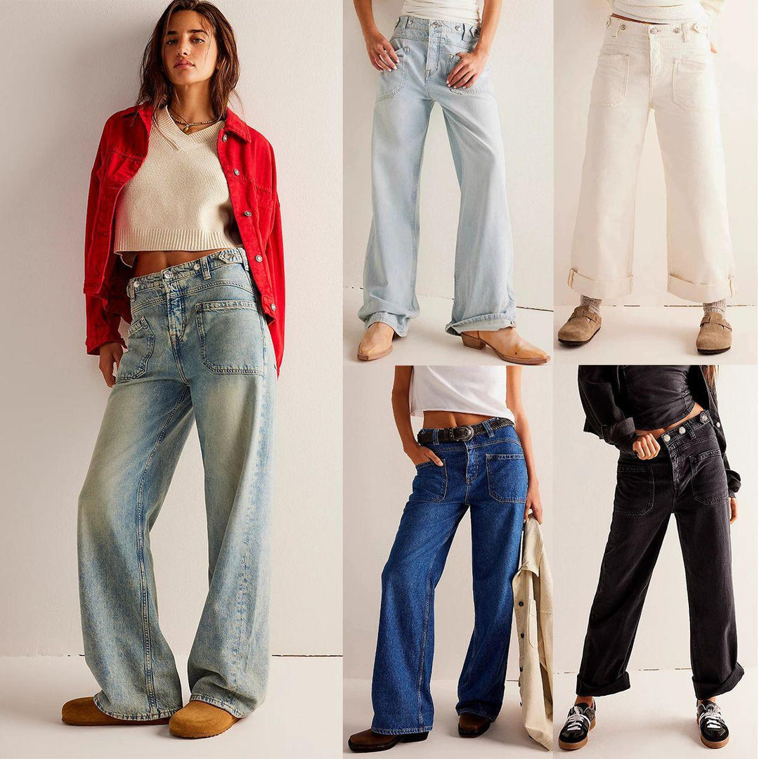 Wide leg women's jeans in light blue wash, relaxed straight fit