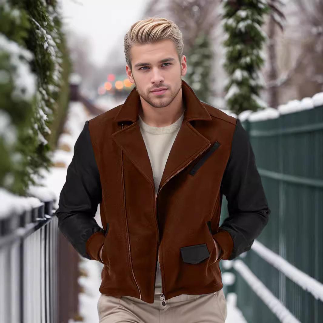 Men’s wool jacket in brown with dark sleeves, zip front, flap pockets, stand collar.