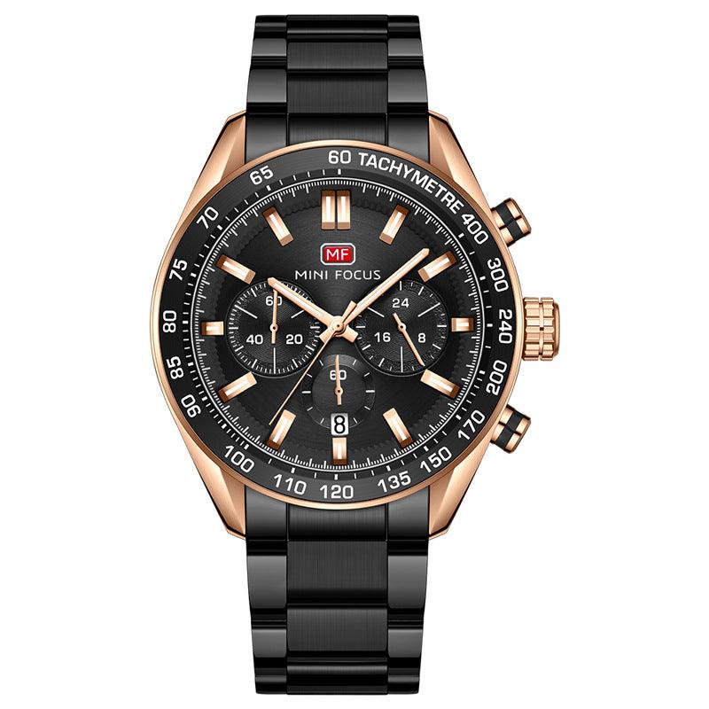 Men's quartz watch with black dial, black steel bracelet, rose-gold bezel and crown