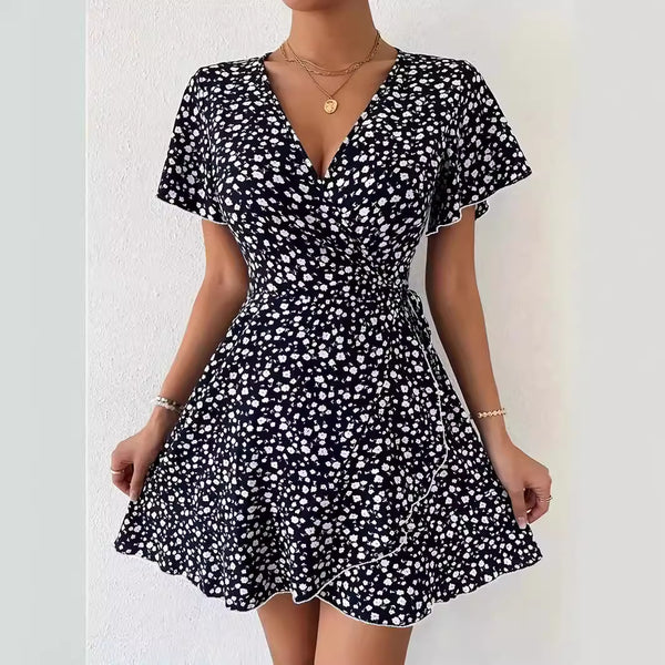 Floral Tie-neck Waist Trimming Dress