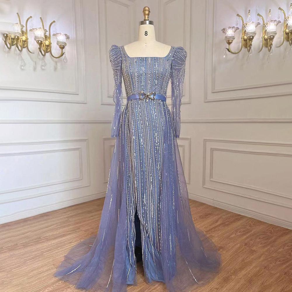 Gray-blue sequined evening dress, square neckline, long sleeves, floor-length tulle