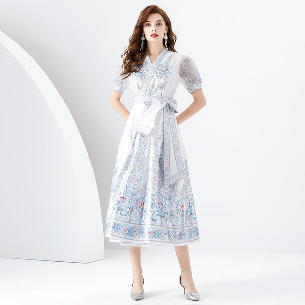 V-neck Lantern Sleeve Long Printed Dress - WOMONA.COM