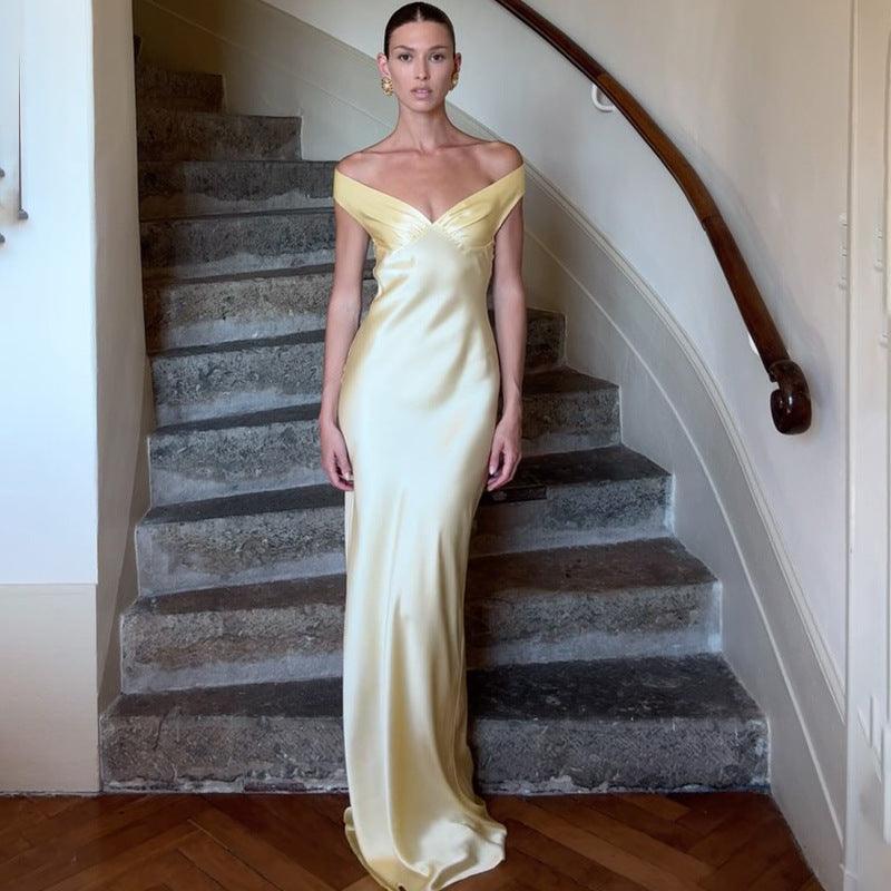 Champagne satin off-shoulder maxi dress with sweetheart neckline, fitted bodice