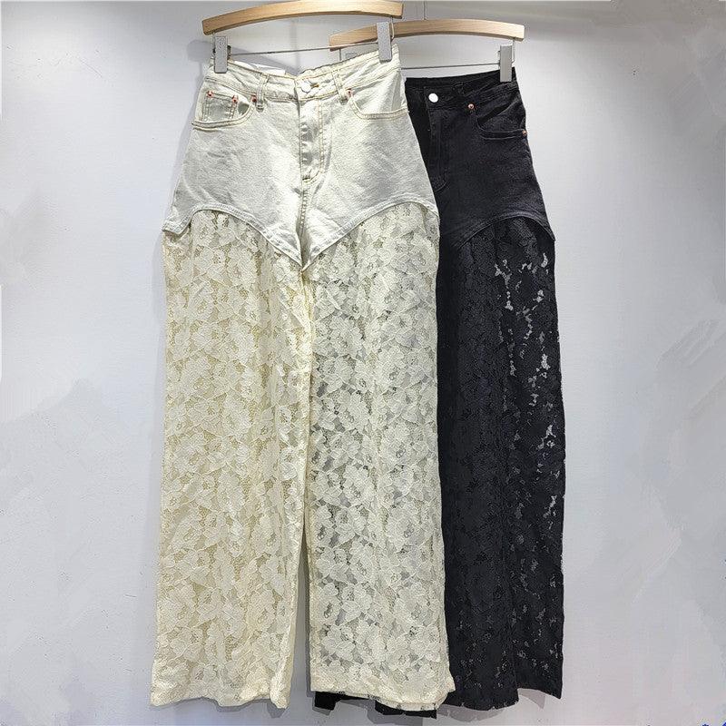 Wide-leg jeans with lace-look panels, showing apricot and black color options