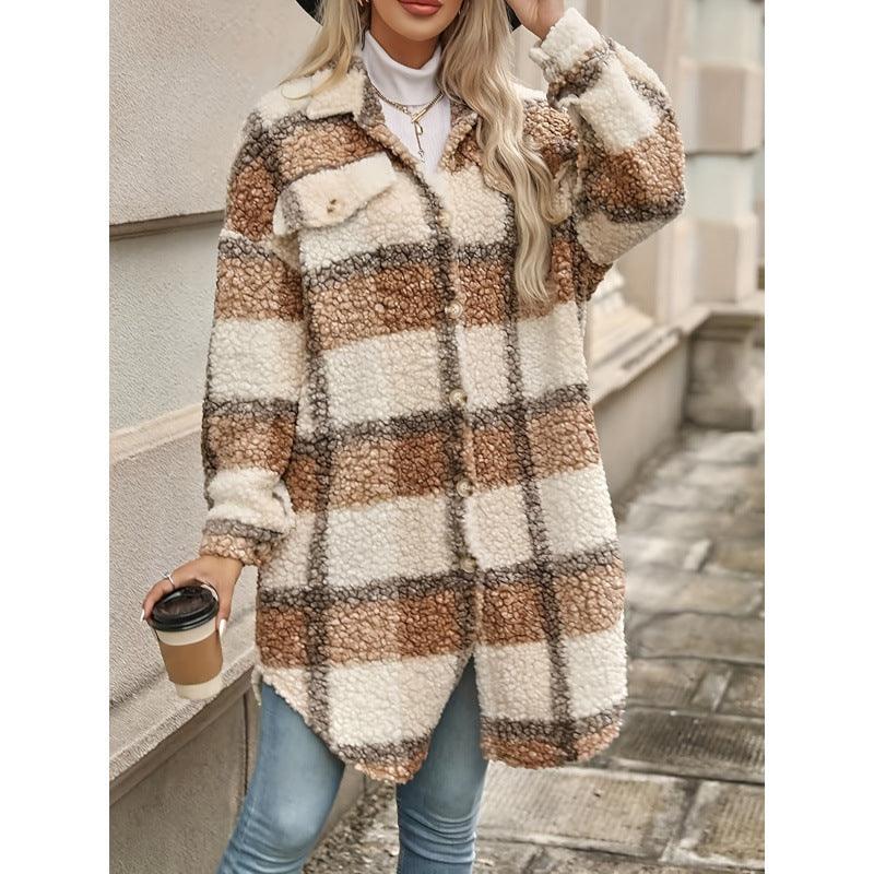 Women's sherpa plaid padded long coat with button front, tan-brown and gray grid