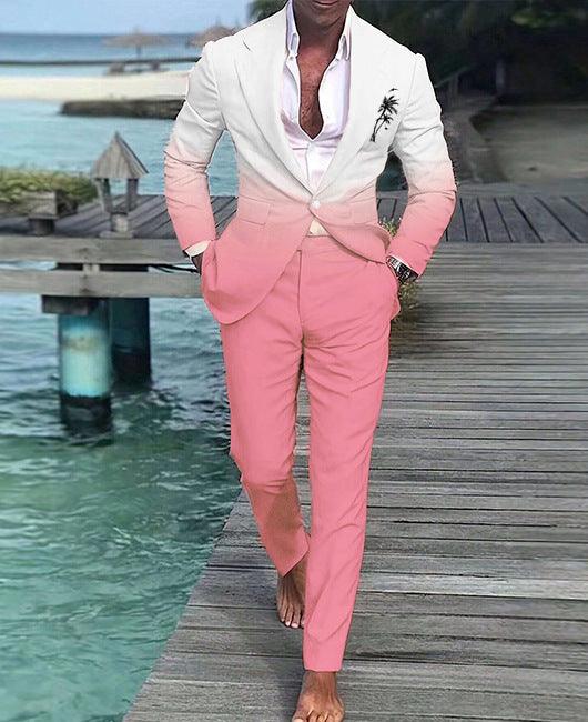Men's suit coat set: white blazer with pink trousers, button front, notch lapels