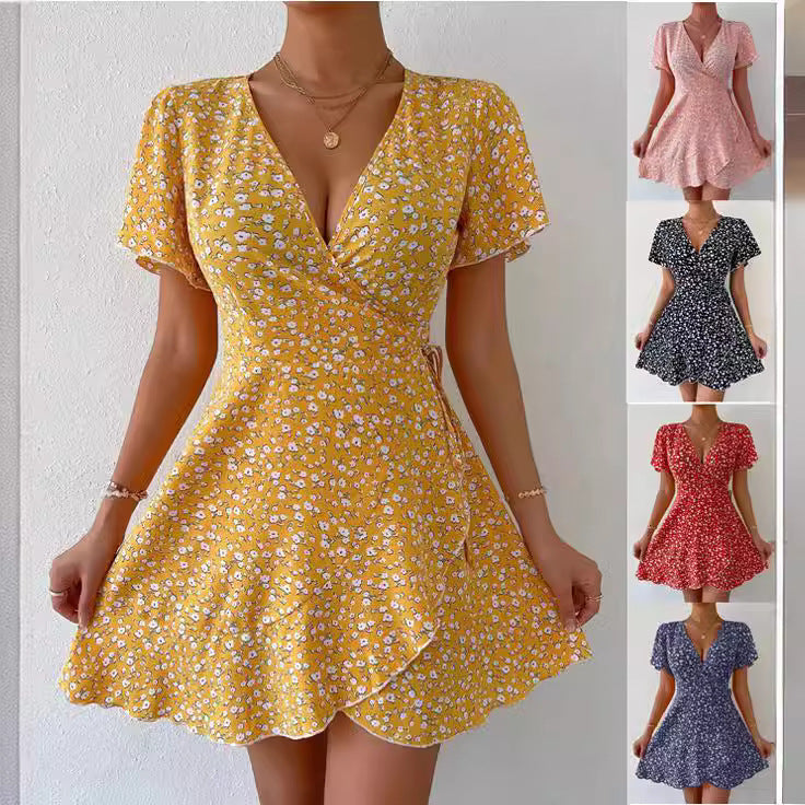 Floral Tie-neck Waist Trimming Dress - WOMONA.COM