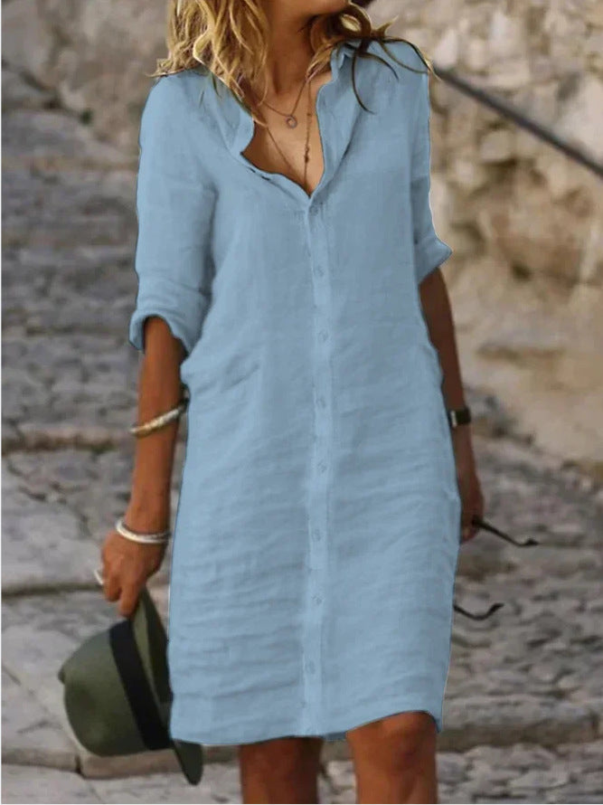 Solid Color Cotton And Linen Shirt Dress - WOMONA.COM