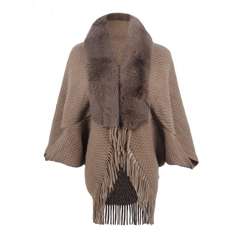 Drizzling Fur Collar Knitted Tassel Cape Coat Women - WOMONA.COM