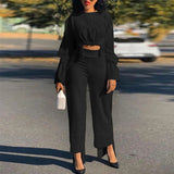 Short Top Casual High Waist Straight Pants Suit - WOMONA.COM