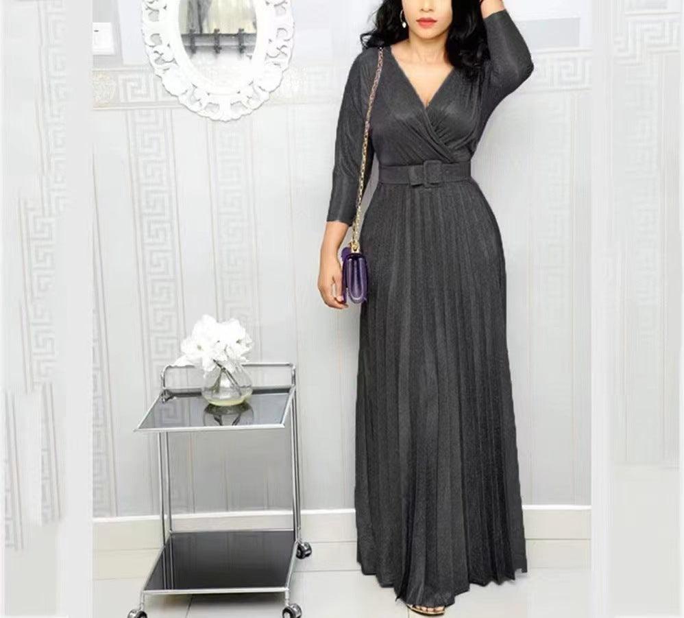 Black long-sleeve pleated metallic wrap maxi dress, V-neck and cinched waist belt