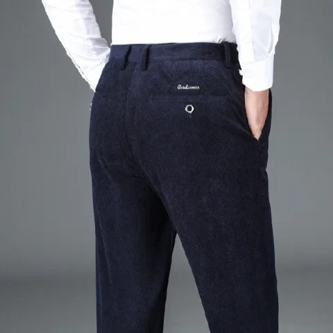 Men's fleece-lined corduroy pants, dark navy, high-waist with button closure