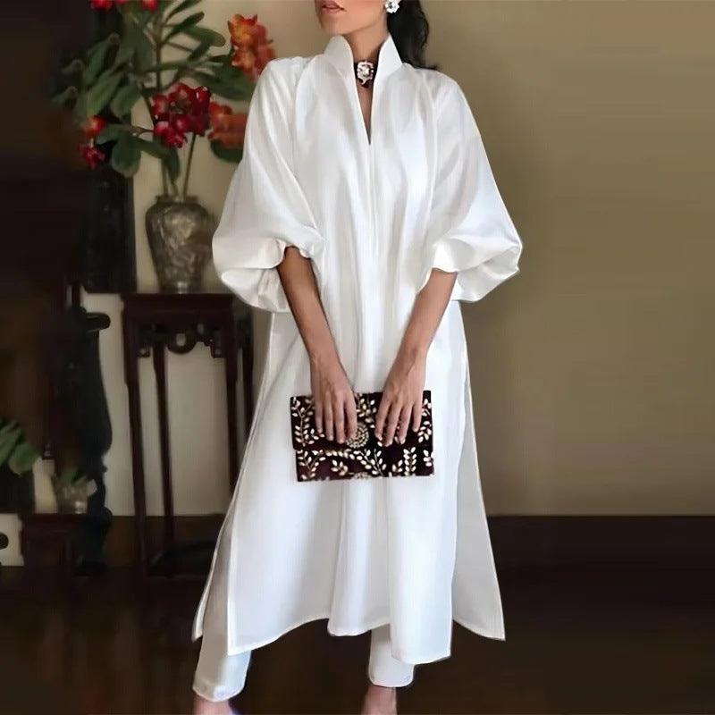White solid color dress, split V neckline, balloon sleeves, midi length