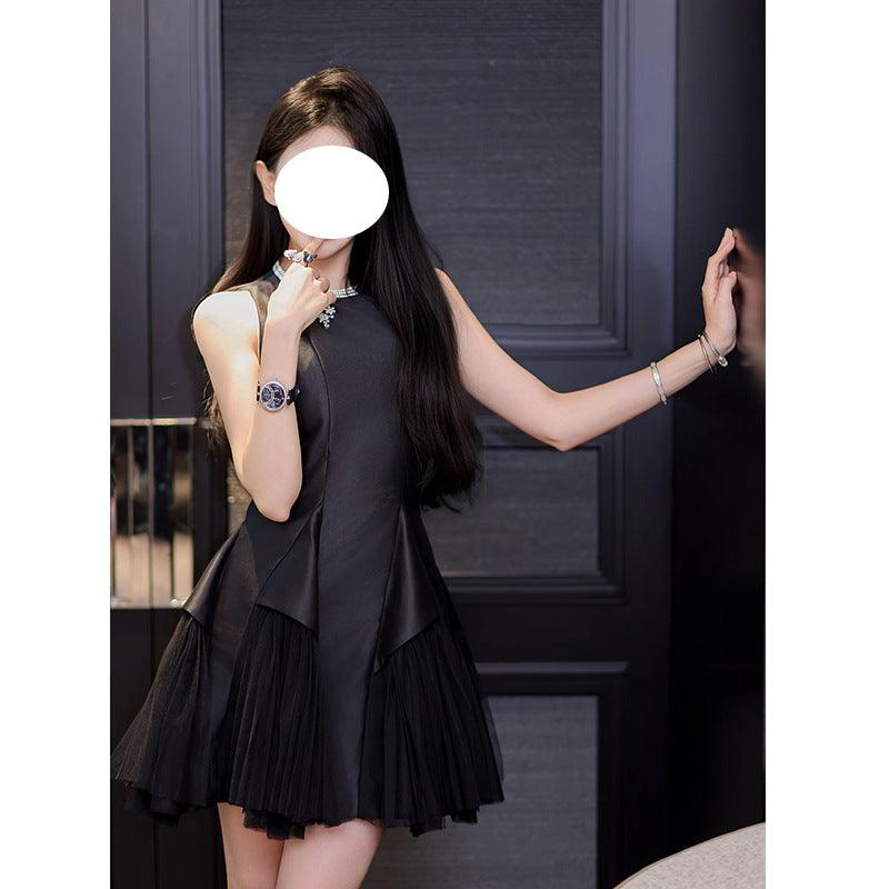 Pearlescent mesh puff dress in black, sleeveless high neckline with layered tulle skirt