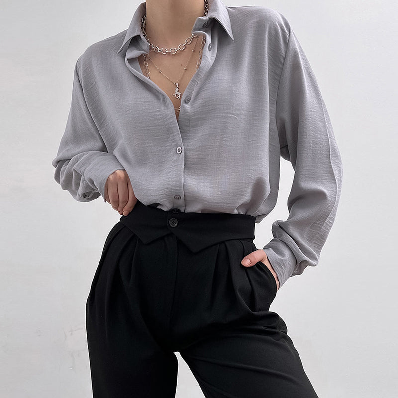 Women's Fashion Casual Polo Collar Pleated Shirt - WOMONA.COM