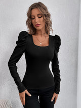 Women's Fashion Square Collar Slim-fit Knitted Long-sleeved T-shirt - WOMONA.COM