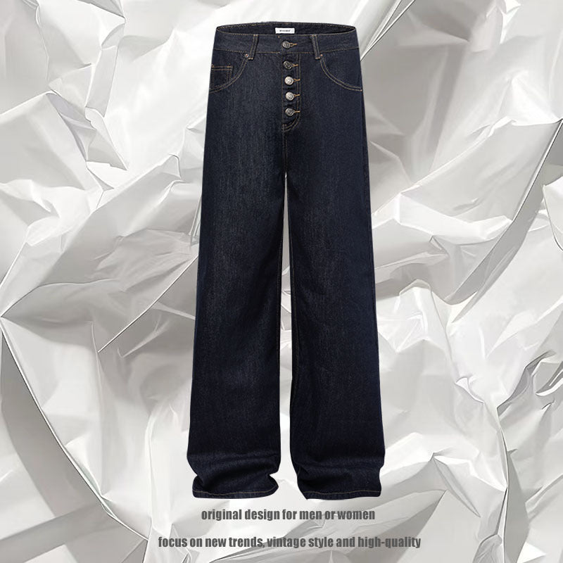 Dark wash wide-leg denim jeans with button fly, belt loops, and front pockets