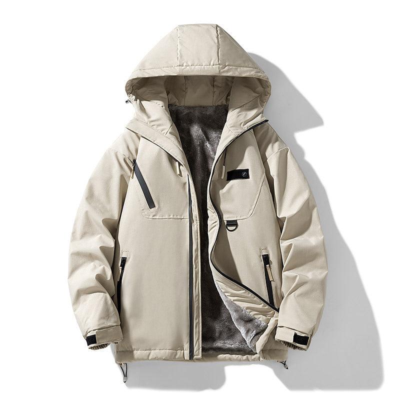Light khaki padded hooded cotton jacket with front zip, pockets, and plush lining