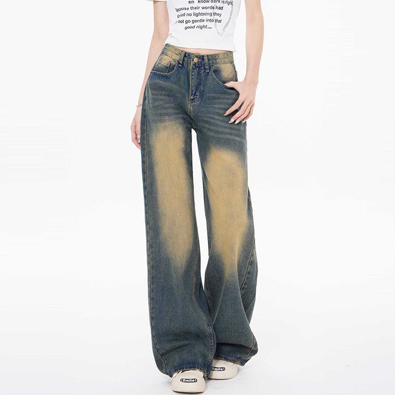 Blue denim high-waist loose straight jeans with light wash panels, belt loops