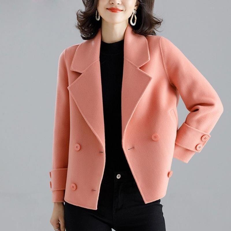 Women’s short coat suit in blush pink, notched lapel and two-row button front