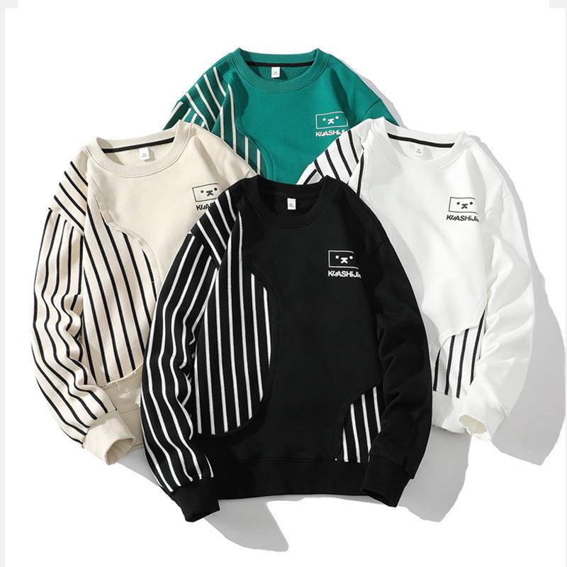 Loose Sports Long-sleeved T-shirt Patchwork Stripes Printed Men's Clothing Round-neck Sweater - WOMONA.COM