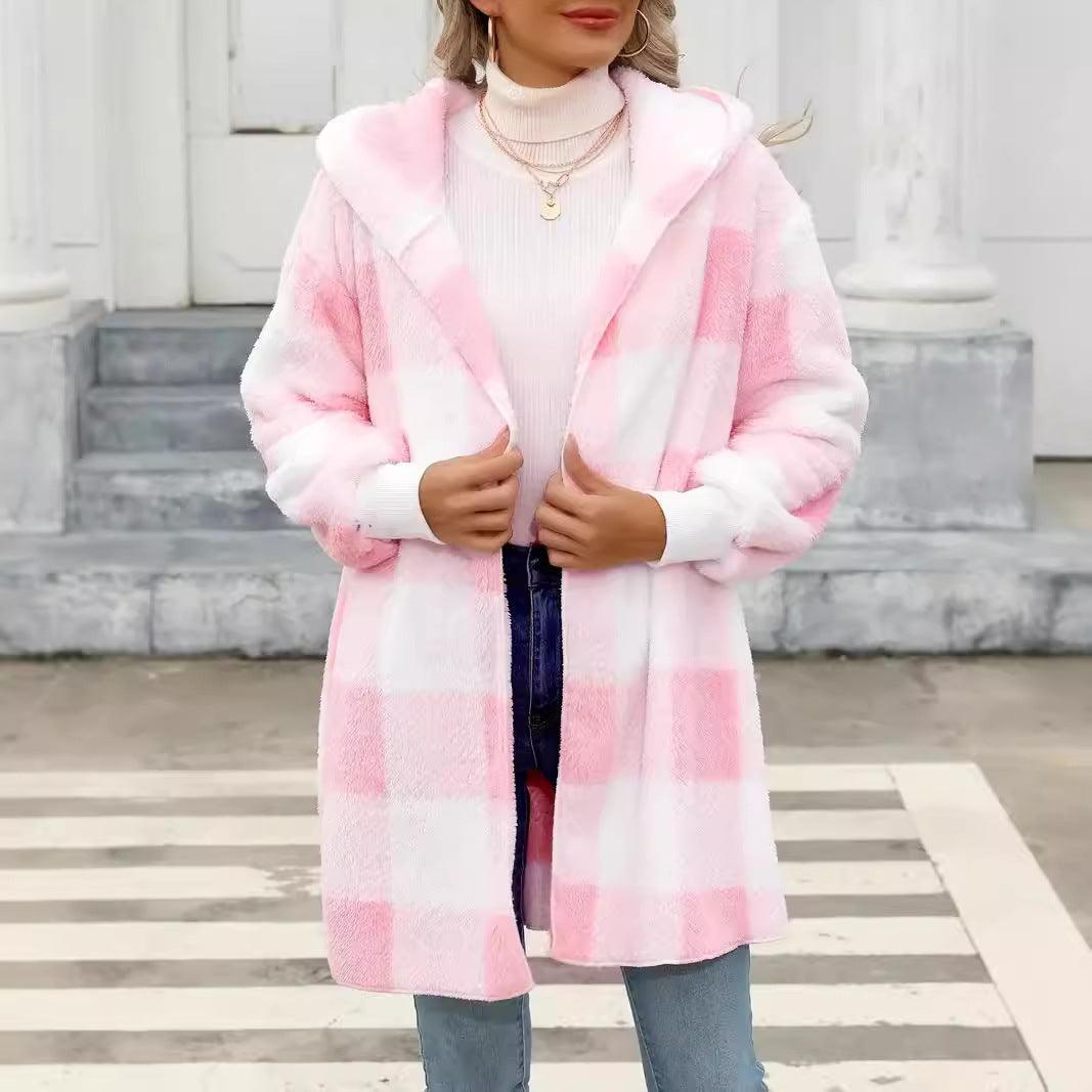 Pink and white plaid plush coat with open front and long sleeves