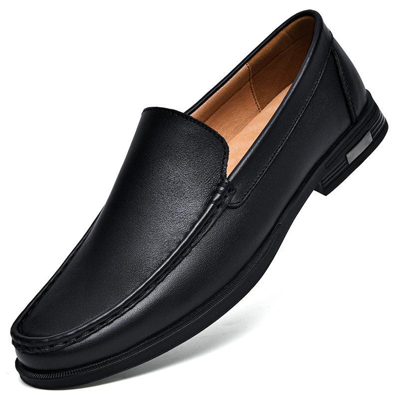 Black leather slip-on loafer with low rubber sole and apron seams
